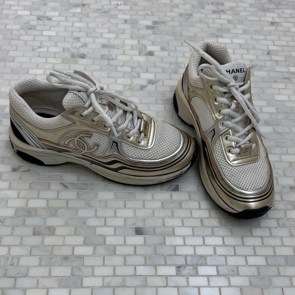 CHANEL Fabric and Laminated White & Gold Sneaker